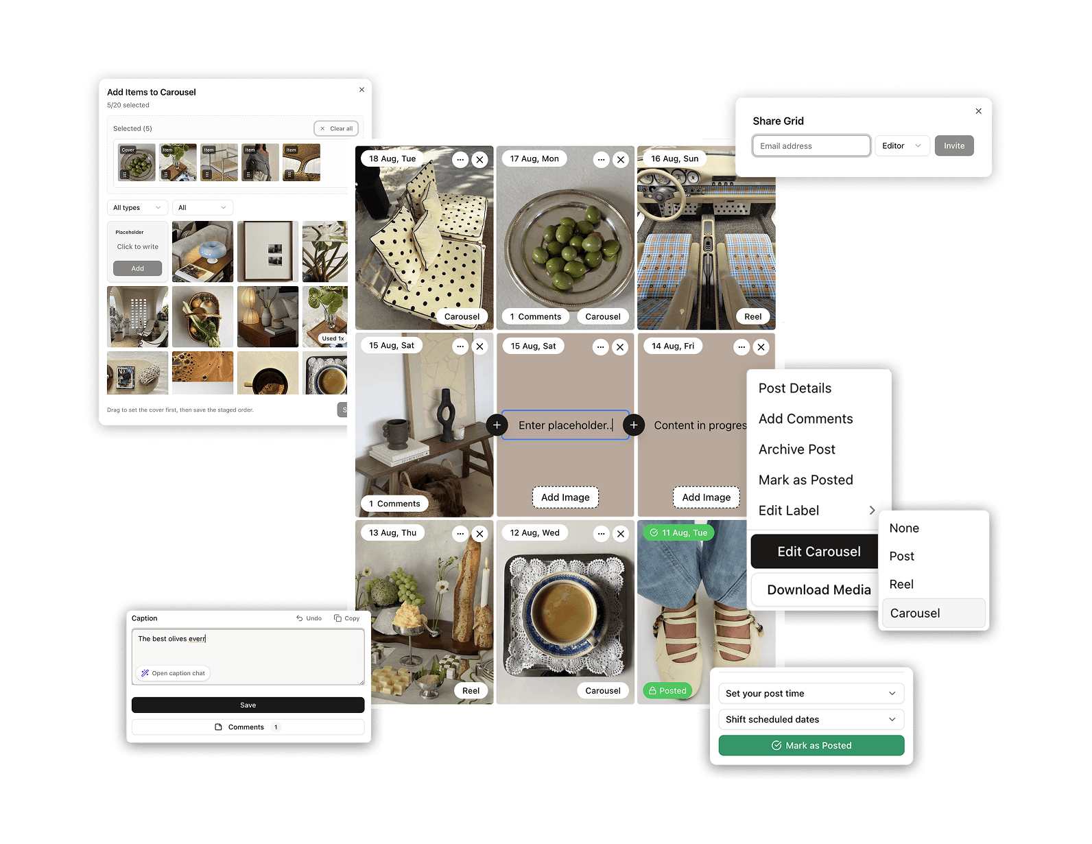 Bejoss grid planning tools with carousel media, captions, sharing, comments, labels, and scheduling controls
