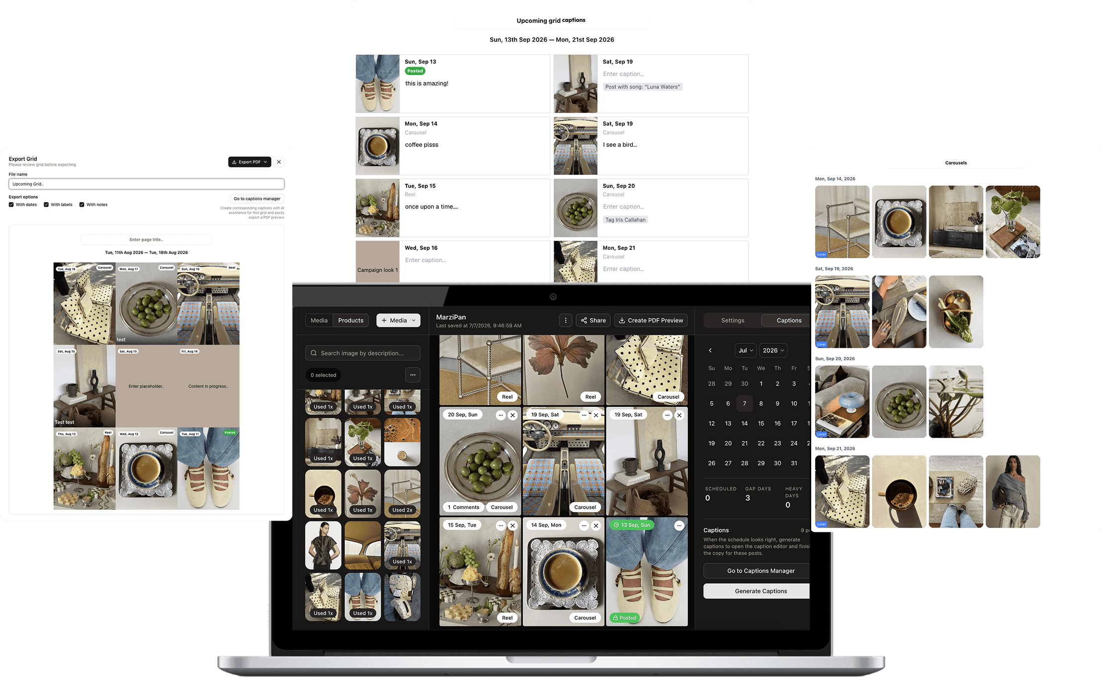 Bejoss campaign workspace shown across export, caption, grid, and preview screens