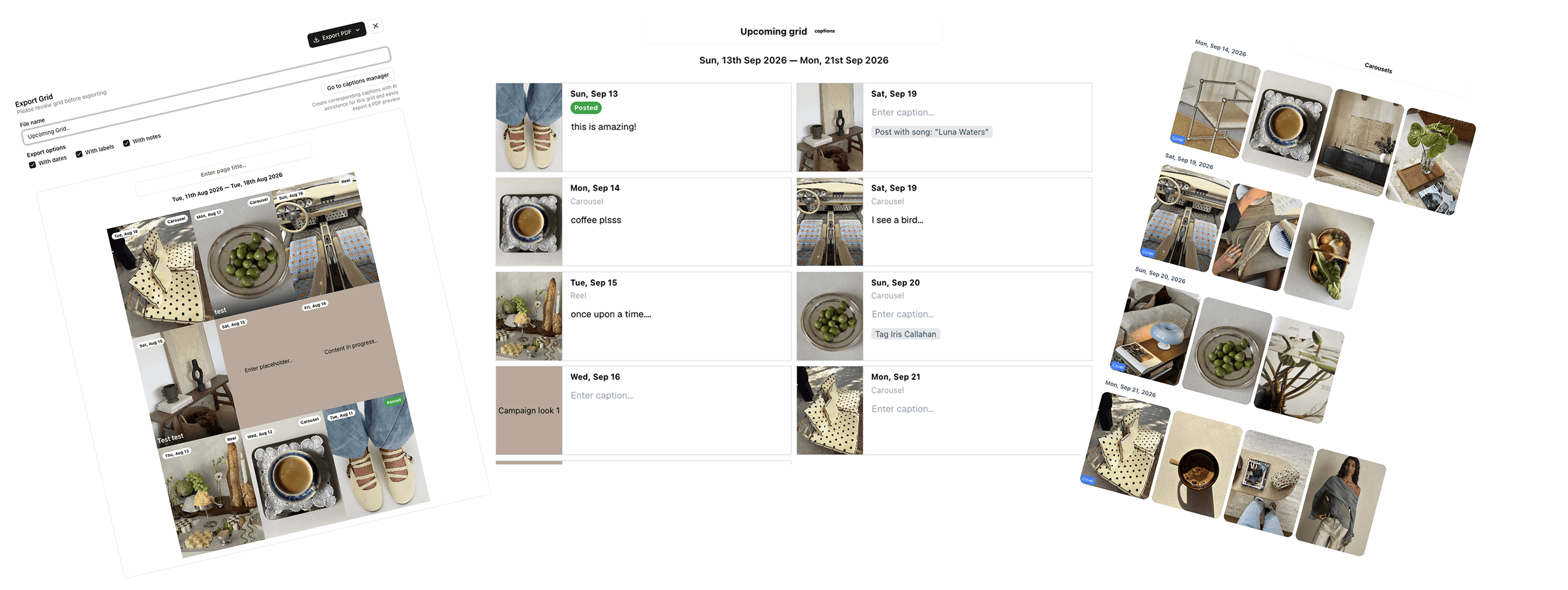 Bejoss client preview exports showing a grid PDF, caption list, and carousel preview